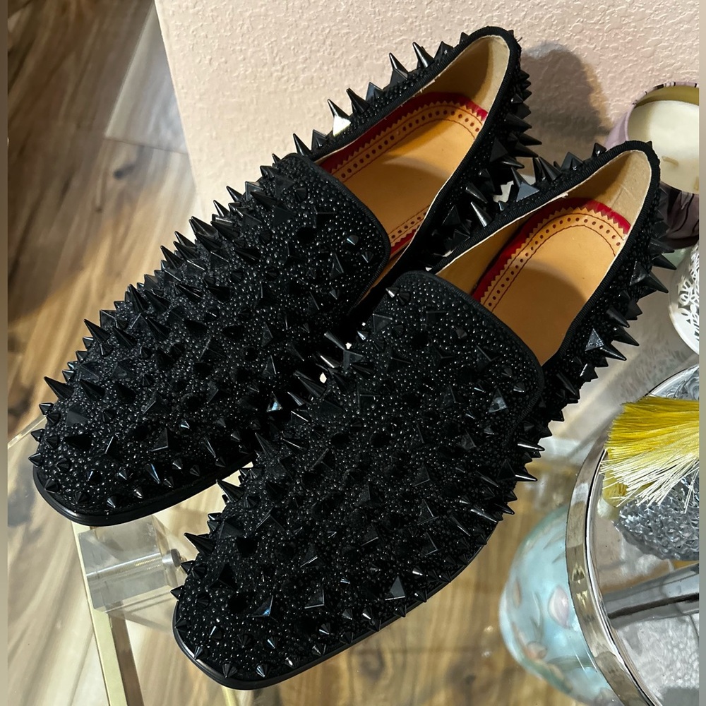 Black with Red Bottom Soles Spiked Studded Rivets Slip On Dress Shoes/Loafers 41 - Picture 4 of 16